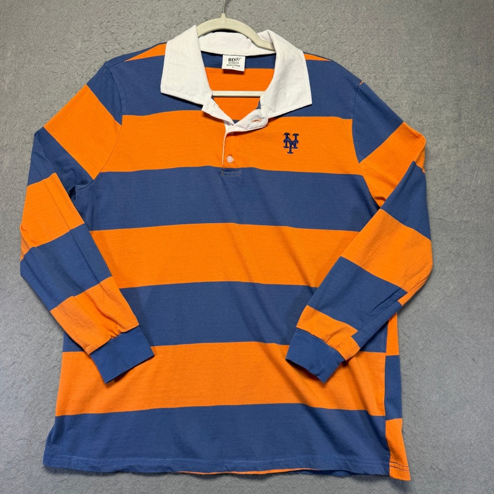 BDA Sports New York Mets Rugby Polo Shirt Mens Large Orange Blue Striped L/S